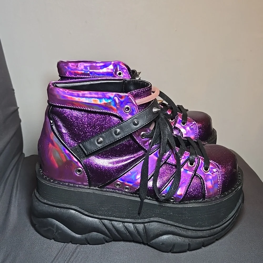 Demonia Plant Neptunez 100 UV Unisex Platform Purple Glitter Hologram Sneakers - Picture 4 of 16